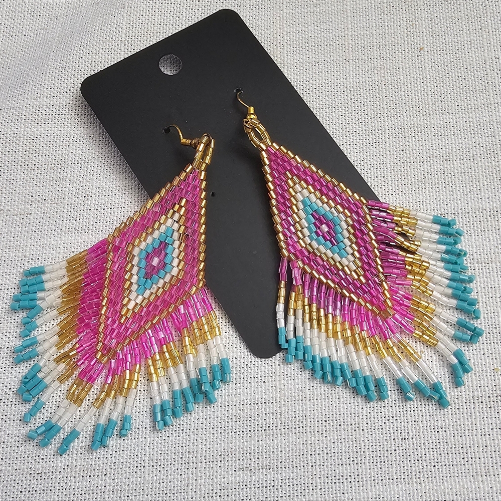 Colorful Boho Chic Beaded Native American Dangle Fringe Earrings 4 Inch NWOT - Picture 4 of 11